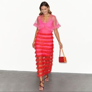 NFD Pink & Red Colorblock Mesh Dress